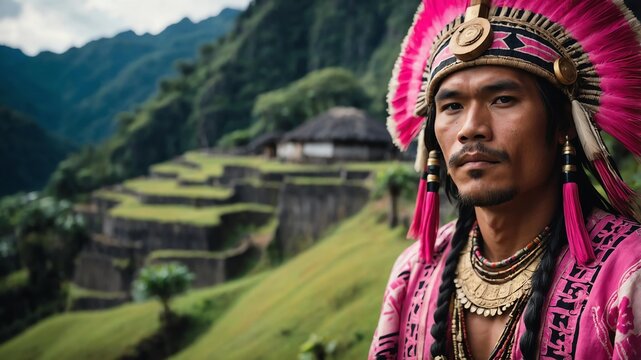 Handsome Igorot man in pink themed ornate garment on a historical background