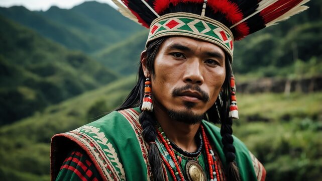 Handsome Igorot man in green themed ornate garment on a historical background