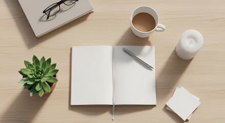 Minimalist workspace with notebook, coffee, succulent, candle, and glasses overhead shot
