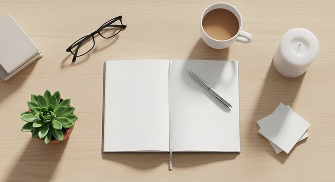 Minimalist workspace flat lay with open notebook, coffee and succulent on wooden desk - Powered by Adobe