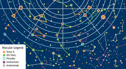 Astronomical star chart with constellations and celestial grid.