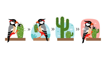 Birds interacting with cactus plants in a desert environment showing stages.