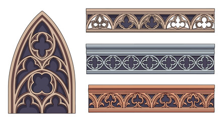 Collection of Gothic architectural elements window and decorative borders.