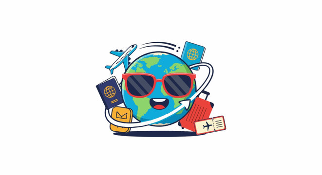 Cartoon travel agent logo design, flat vector illustration.