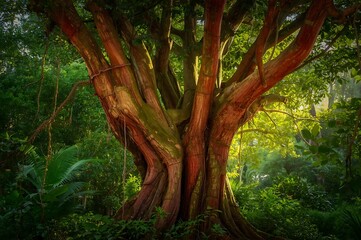 Ancient banyan tree trunk with sunlight filtering through lush green forest canopy