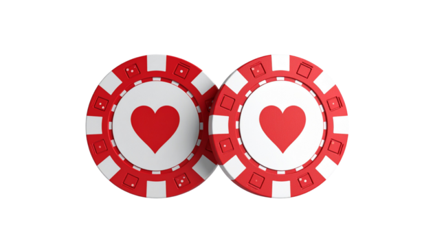 3D poker chip icons with heart symbols isolated on transparent background