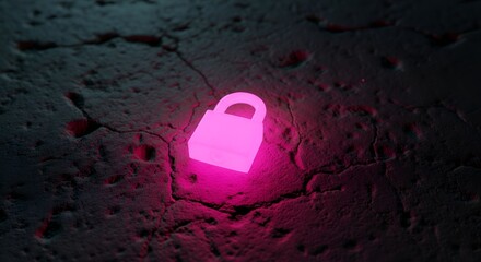 Glowing pink padlock on cracked surface security and protection concept