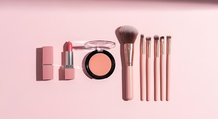 Elegant cosmetic products arranged on pastel pink background, flat lay composition