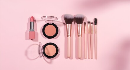 Elegant beauty essentials: Flat lay of makeup brushes, blush, and lipstick on pink