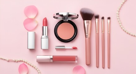 Elegant Makeup Still Life Arrangement on Pink Background for Beauty Advertising