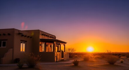 Adobe building under vibrant sunset in a vast desert landscape setting