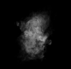 White smoke or fog cloud isolated on black background, abstract vapor texture for overlay effect, atmosphere design, or mysterious scene concept in digital art and creative visual compositions.