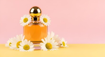 Elegant perfume bottle with floral accents on pastel background for beauty branding