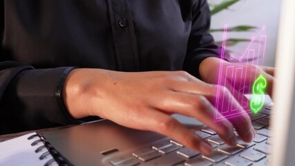Rising financial results. Close-up of a professional woman's hands using a computer with a virtual icon of a money graph. - Powered by Adobe