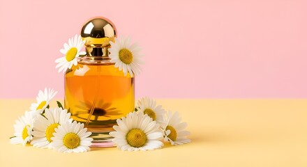 Elegant perfume bottle with daisy flowers on pastel background showcasing fragrance and beauty