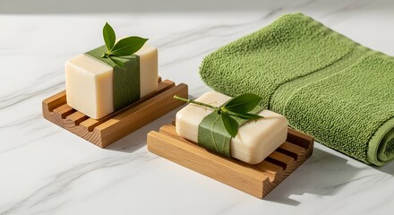Elegant natural soap bars with green leaves and towel, spa and hygiene product