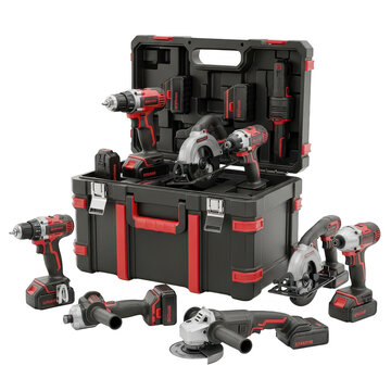 Assortment of power tools in a black tool box isolated illustration on transparent background