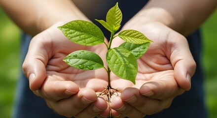 Hands holding a small plant with green leaves symbolizing growth and care