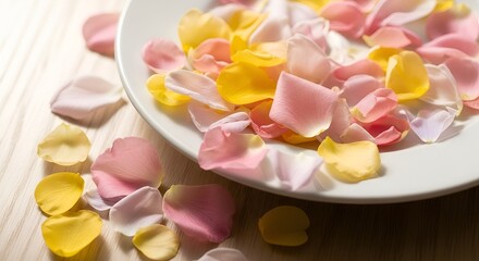 Delicate pastel rose petals in a white dish for romantic occasions