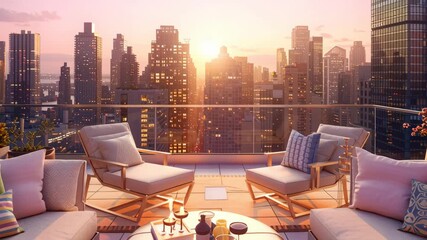 Rooftop Oasis in the City: A luxurious rooftop terrace provides a tranquil escape with plush seating, offering a breathtaking view of the urban skyline at sunset. - Powered by Adobe