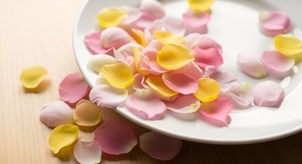 Delicate rose petals in soft hues on a white plate creating a romantic mood