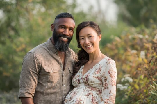 Mixed race couple expecting baby together with pregnant belly and loving embrace, multicultural maternity and family unity concept. Diversity inclusion and interracial relationship parenthood joy.