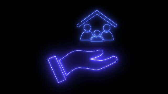 Neon light effect animation of an icon of a hand holding a family