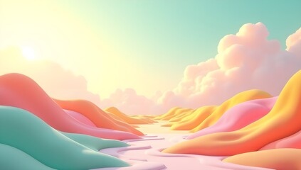 A dreamy, pastel-colored landscape with soft, rolling hills under a vibrant sky. The scene evokes a sense of tranquility and wonder.