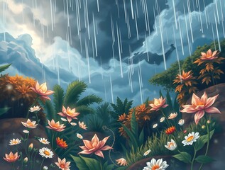 Raindrops fall from a dramatic sky onto a lush garden filled with blooming flowers. The scene captures a serene moment of nature's beauty.