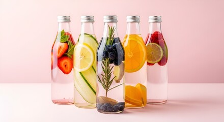 Colorful Infused Water Bottles with Fresh Fruits and Herbs on Pink Background