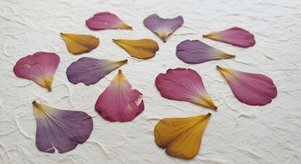 Delicate flower petals in shades of purple, pink, and yellow on textured paper