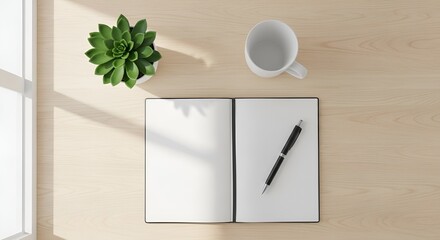 Minimalist Workspace with Notebook, Pen, Succulent and Sunlight on Wooden Desk
