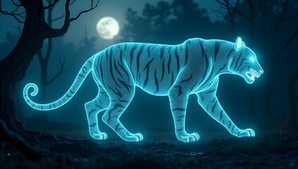 A luminous tiger walks through a dark forest, emitting a mystical blue glow. Moonlight filters through twisted branches, adding an eerie ambiance.