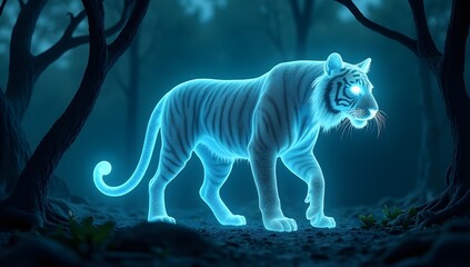 A luminous tiger walks through a dark forest, emitting a mystical blue glow. Moonlight filters through twisted branches, adding an eerie ambiance.