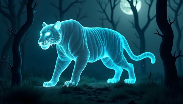 A luminous tiger walks through a dark forest, emitting a mystical blue glow. Moonlight filters through twisted branches, adding an eerie ambiance.