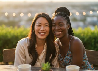 Close-up portrait of two beautiful diverse women smiling at an outdoor cafe at sunset