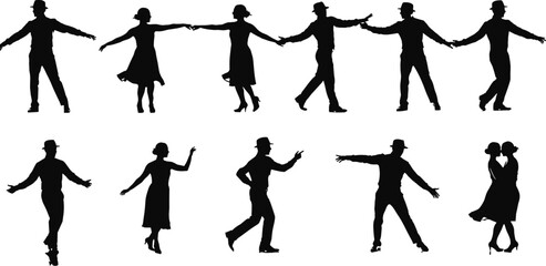 Silhouettes of retro dancing couple performing swing and jazz moves, stylish vintage dancers isolated on white background illustration.
