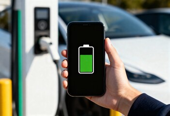 Close-up of a hand holding a smartphone displaying a full battery icon at an electric car charging station, efficient energy.