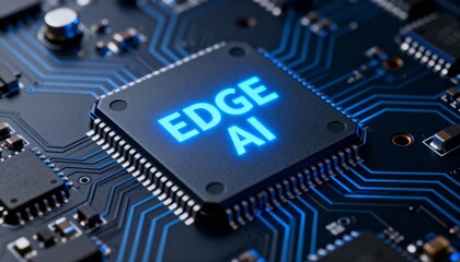 Microchip labeled "EDGE AI" glowing blue on a dark electronic circuit board, symbolizing AI technology.