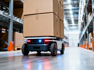 Automated mobile robot transporting stacked cardboard boxes quickly down a brightly lit warehouse aisle, showcasing logistics technology.