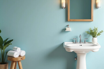 Interior of stylish bathroom with sink near light blue wall.