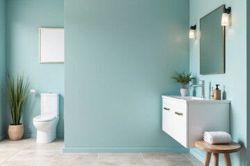 Interior of stylish bathroom with sink near light blue wall.