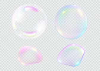 Set of realistic colorful soap bubbles. Transparent realistic soap bubbles isolated on transparent background. Vector texture. Light Gray vector cover with spots.