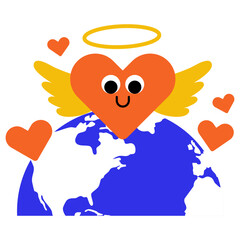 World kindness day illustration. Love, heart character in playful style. Random acts, caring, kindness, giving of people. Hands show the heart and planet. Vector illustration.