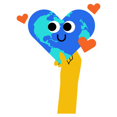 World kindness day illustration. Love, heart character in playful style. Random acts, caring, kindness, giving of people. Hands show the heart and planet. Vector illustration.