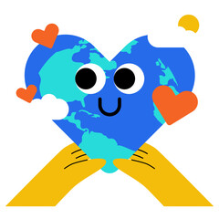 World kindness day illustration. Love, heart character in playful style. Random acts, caring, kindness, giving of people. Hands show the heart and planet. Vector illustration.
