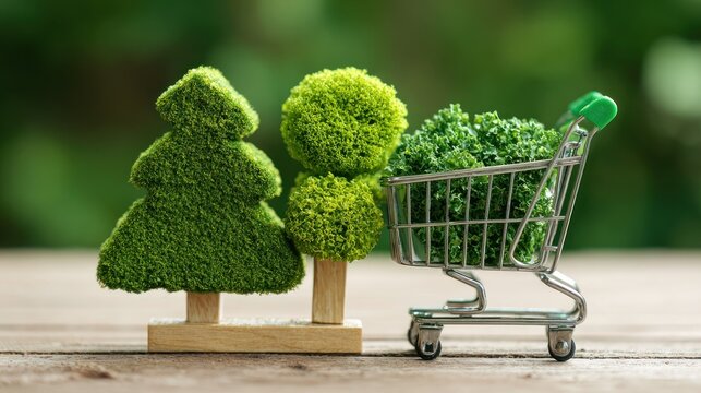 Two miniature green and brown trees with a shopping cart filled with green broccoli.