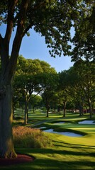 Obraz premium golf. Ancient golf course green glowing in morning light, manicured grass surface. event key visuals, club posters, designed for fitness apps and gym onboarding, used by fitness trainers.