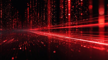 Red and black abstract digital background with glowing red lines and particles.