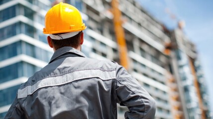 A construction worker in a hard hat stands in front of a high-rise building under construction.